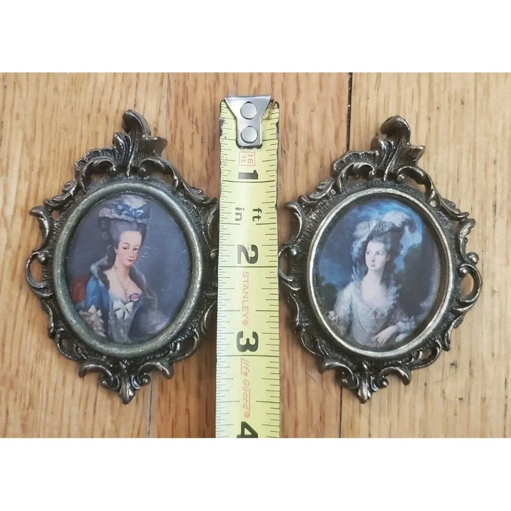 Set of Antique Mini Victorian Ornate Italian Silk Cameo Art Picture Brass Frames
